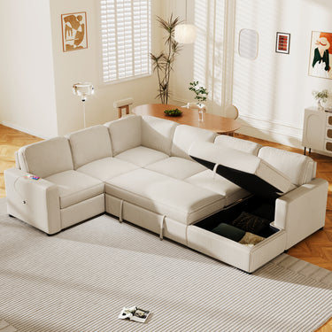 U_Style U-shaped Corduroy Combination Corner Sofa with Storage Lounge Chair, 6-seater Oversized Sofa, With USB interfaces,Suitable for Living Room, Office, and Spacious Space(old sku: WY000383AAA)